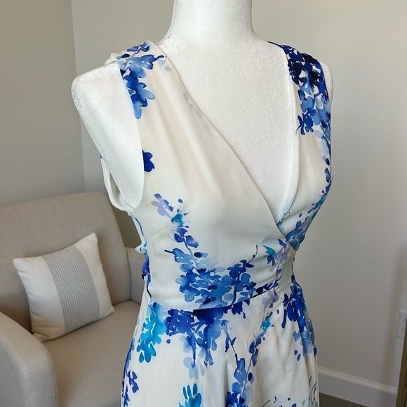 Lulus Paint Me a Picture Ivory Blue Watercolor Floral Garden Wrap Dress Small - Picture 7 of 17